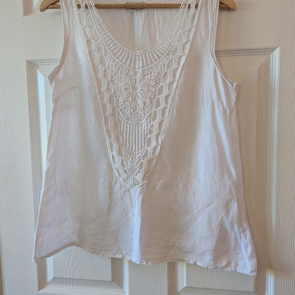 White Linen With Crochet Detail Tank (S)